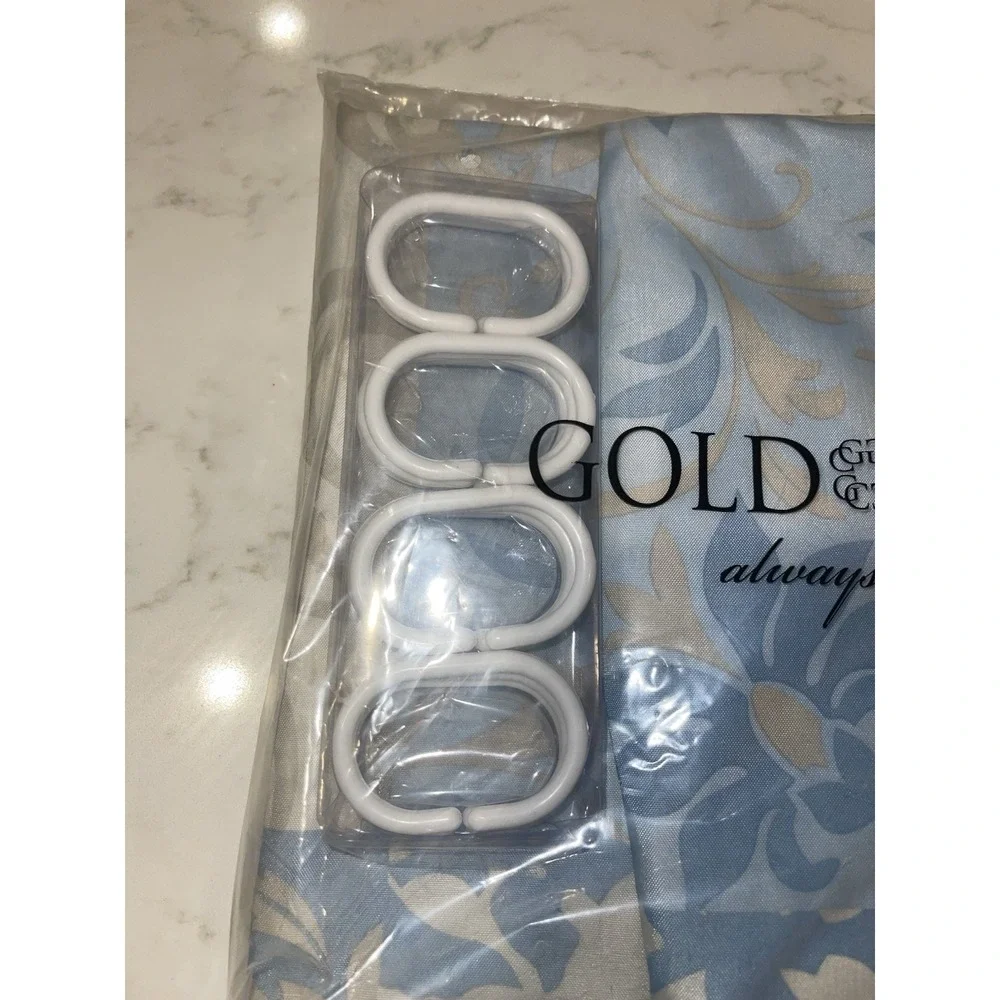 Vintage Gold Coast Blue Beige White Shower Curtain & Hooks Set‎ 13 Piece NEW